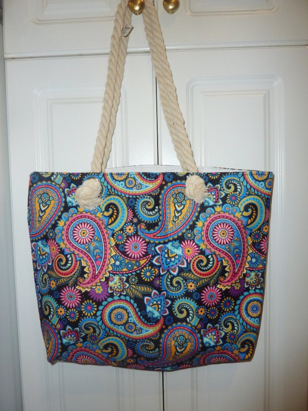 Brand New Large Paisely Boho Groovy Vibe Print Tote With Twisted Rope Straps